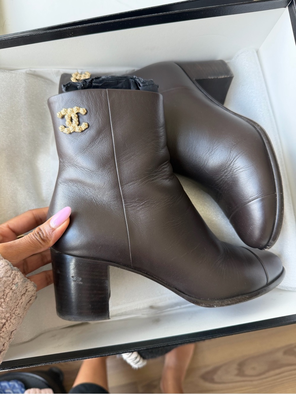 CHANEL Dark Brown Leather Ankle Boots with Gold CC Emblem